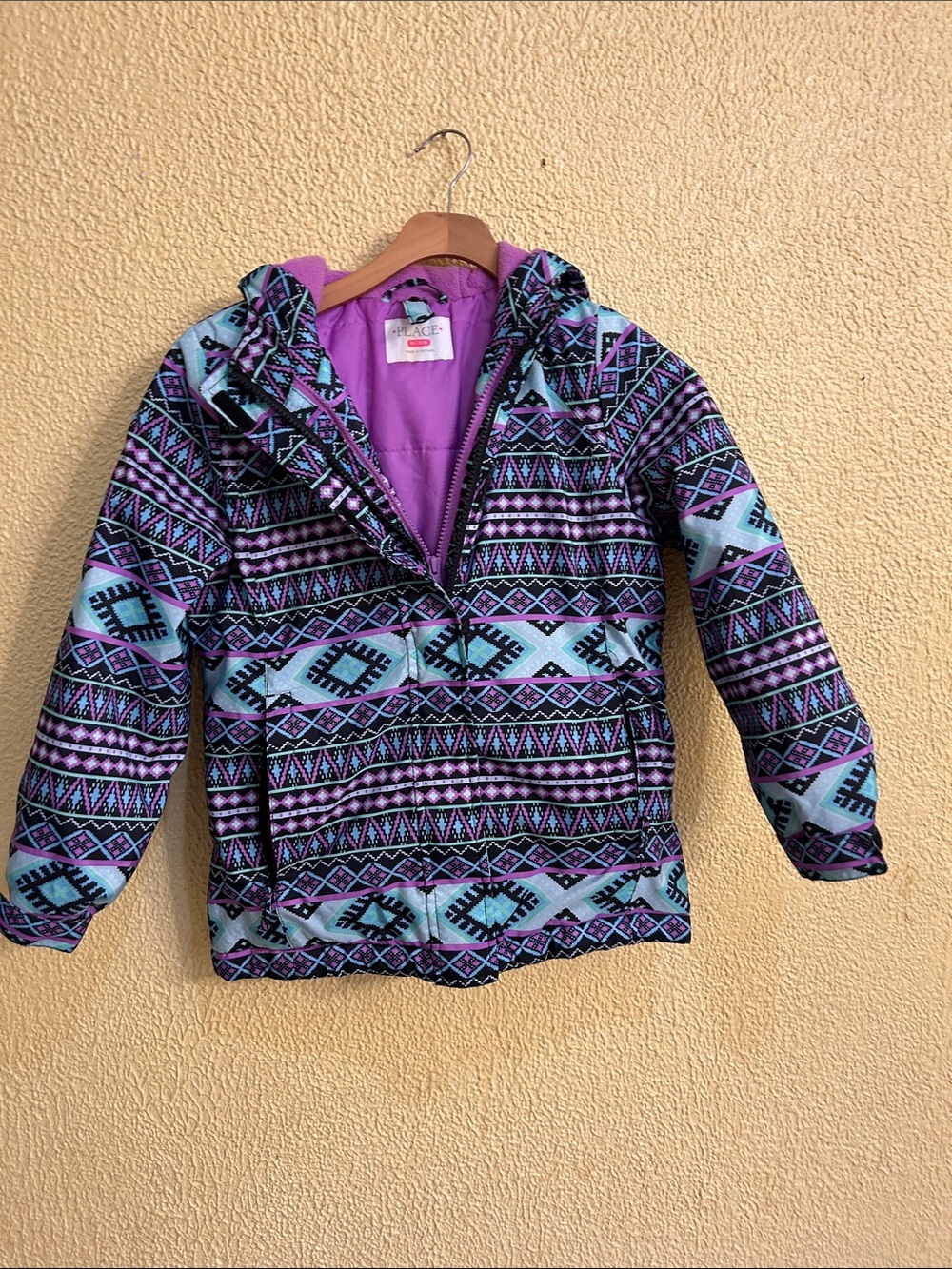 Place Purple & Aqua Geometric Hooded Jacket for Kids